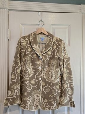 J. McLaughlin Blazer Womens 10 Brown Cream Cotton Jacket Scroll Preppy USA